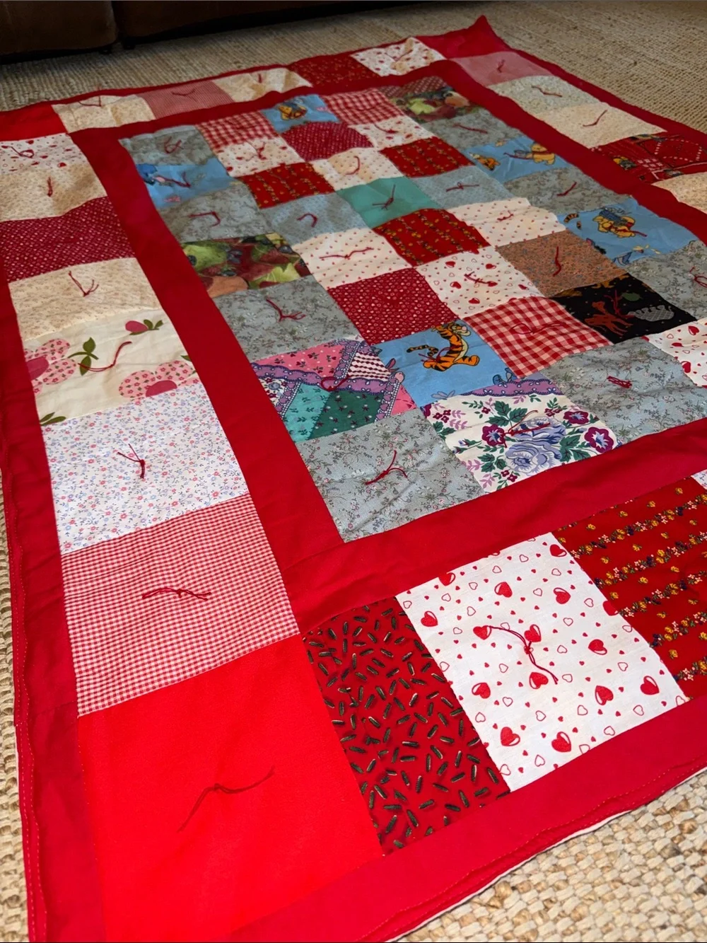 Handmade Patchwork Quilted Throw - Red Multicolor Mulipatterned Kids Winnie